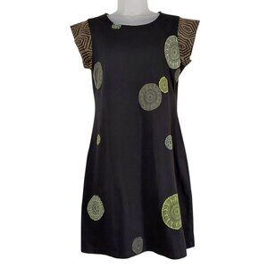 Adria Mode Organic Cotton Black w Mandalas Short Sleeve A-Line Boho Chic Dress L